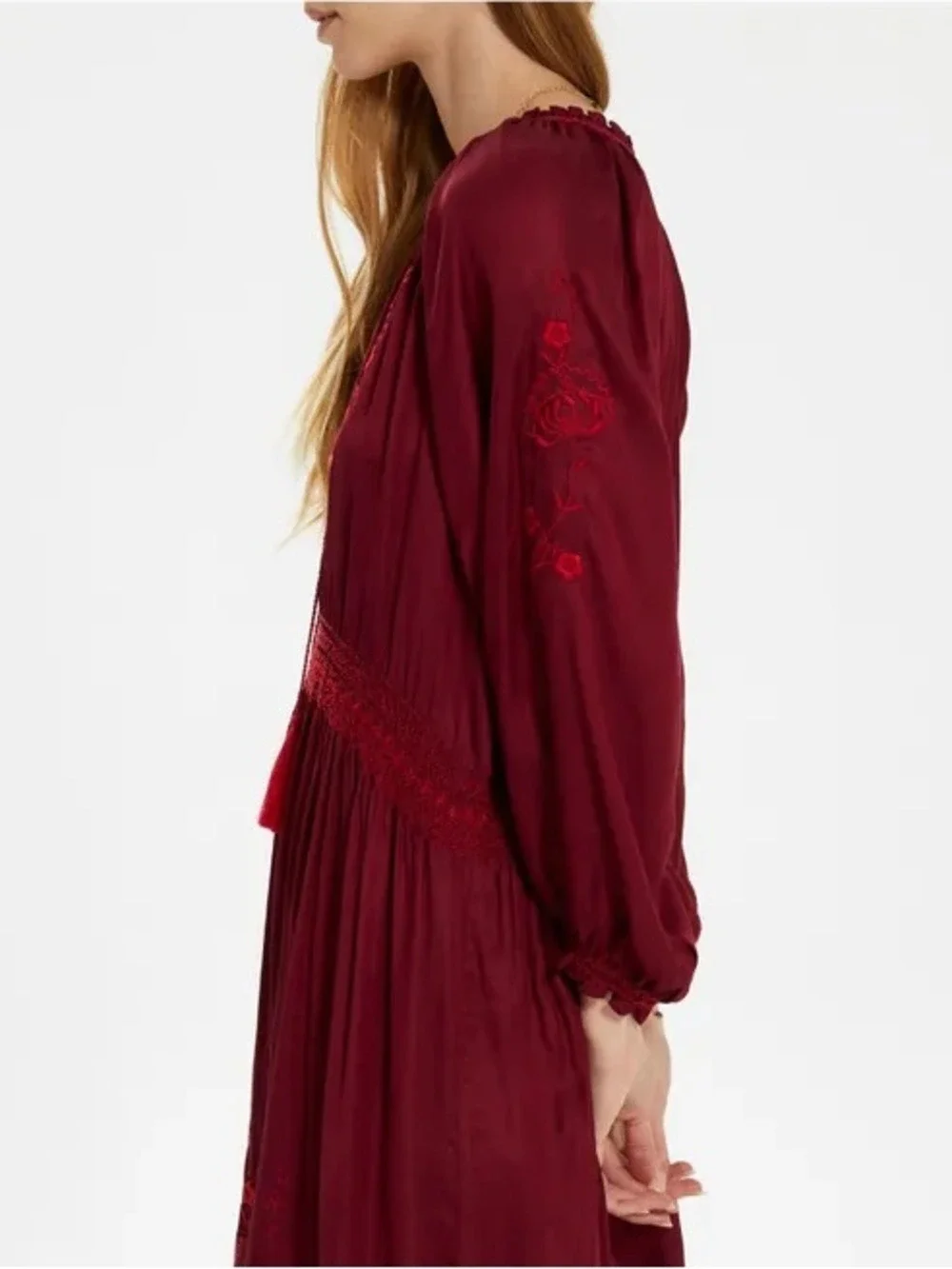THE GREAT. Ornament Embroidered Dress | Dark red Midi Dress. Size 1 US Small 4-6